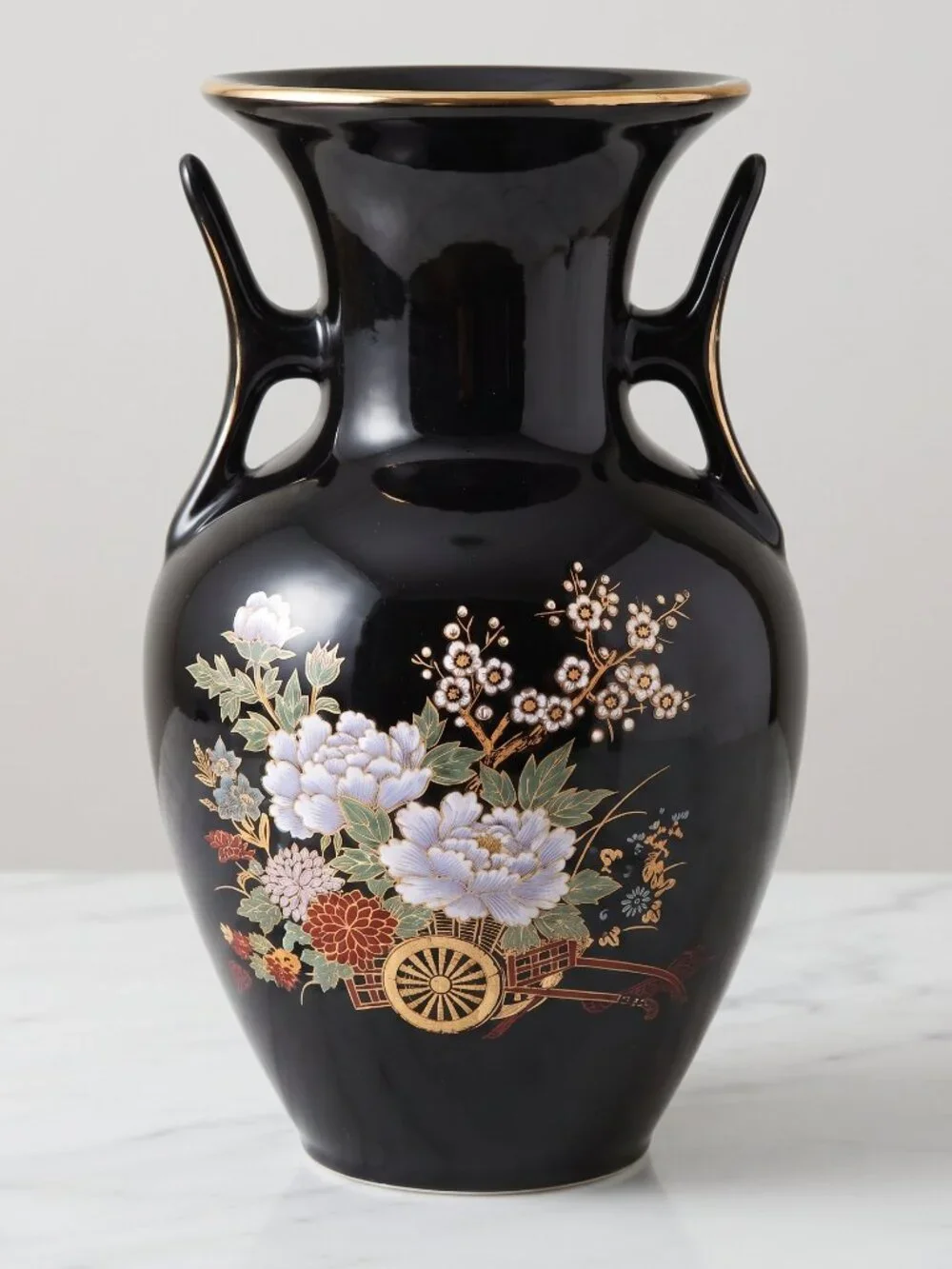 Vintage Black Japanese Floral Porcelain Vase Double Handle Gold Trim 10.5